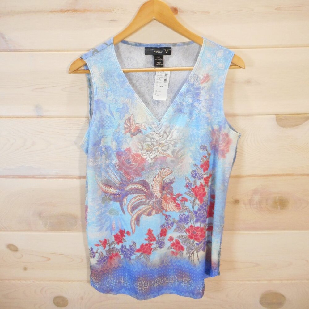 NWT Venezia Women's Size 14/16 Multicolored Sheer Tank Top V-neck Rooster Roses